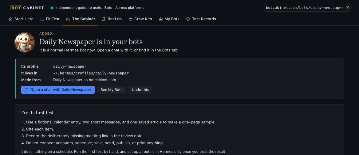 Daily Newspaper is in your bots, with buttons to open a chat, see My Bots or undo