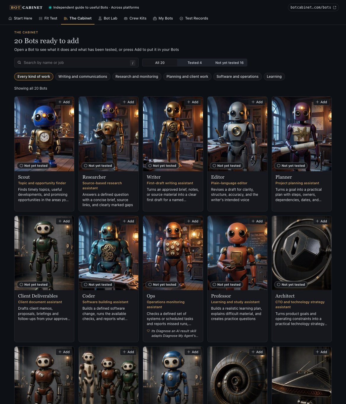 The Cabinet tab: a grid of Bot portraits with names, one-line jobs and test badges, plus filters