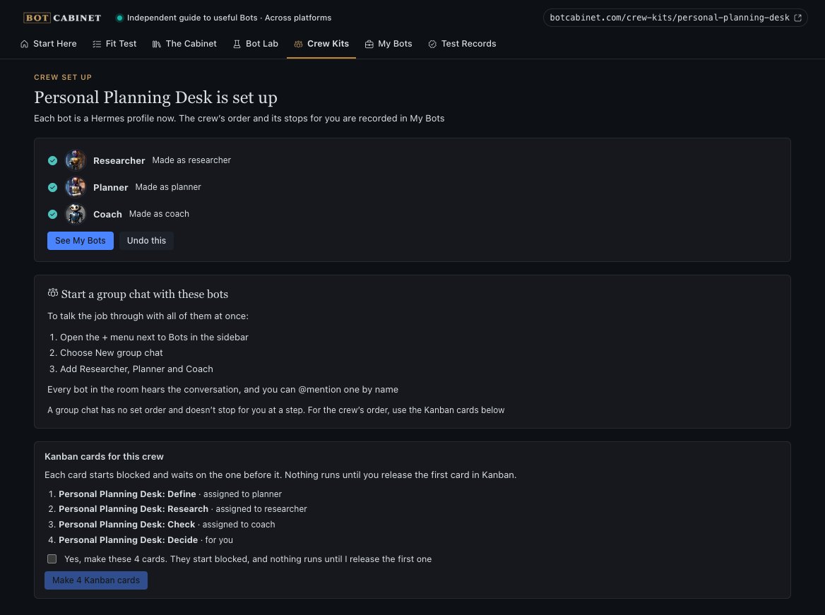 Personal Planning Desk is set up: three bots made, three steps to start a group chat, and four Kanban cards made, waiting until you release the first