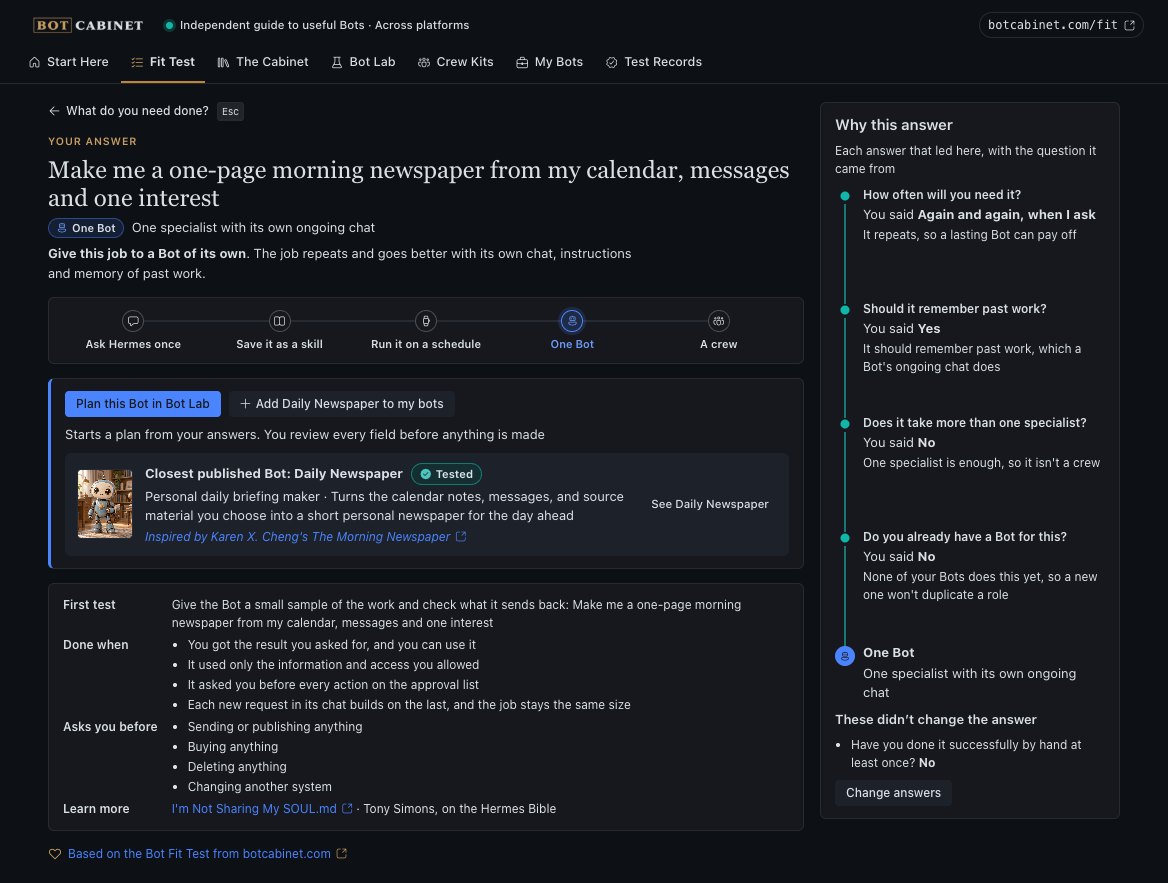 A Fit Test answer of One Bot, with the closest published Bot, Daily Newspaper, and the reasons on the right