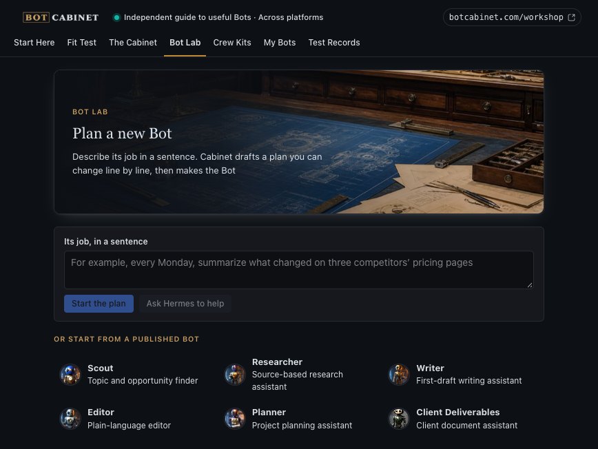 Bot Lab: Plan a new Bot, a job sentence box, and six published Bots to start from