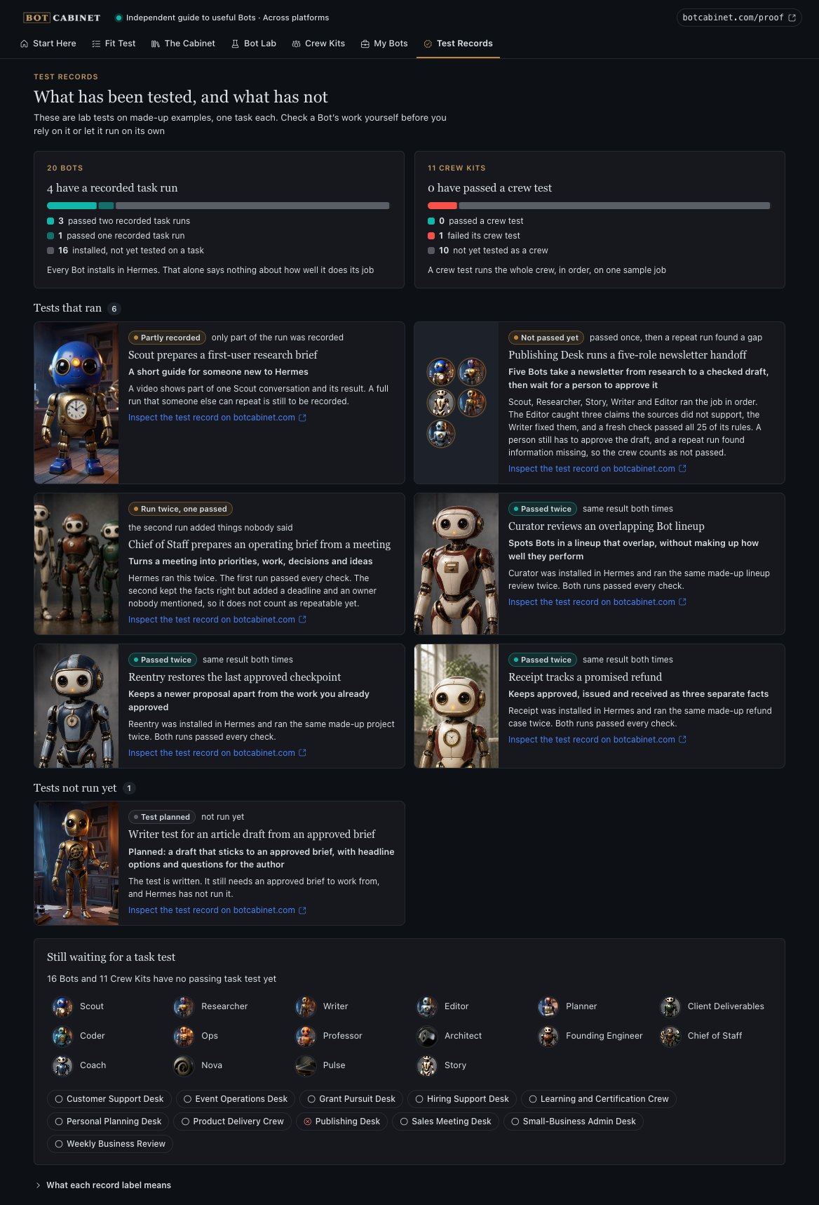 Test Records: totals for 20 Bots and 11 Crew Kits, six tests that ran with their results, and one planned test