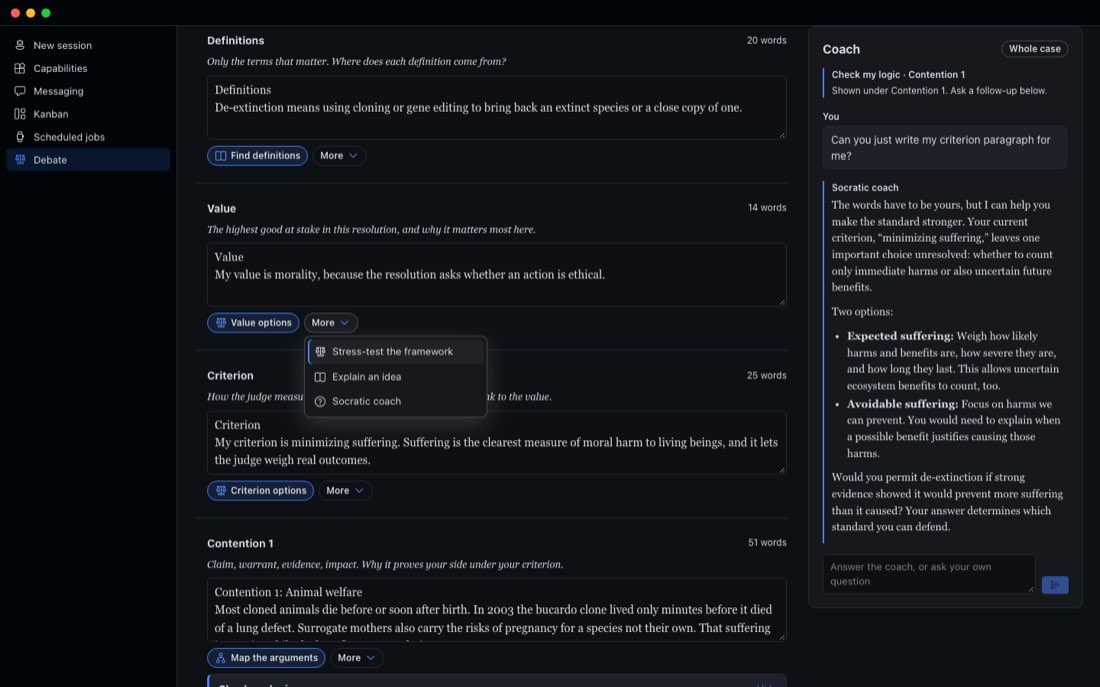 The More menu under the Value section, open, listing Stress-test the framework, Explain an idea and Socratic coach