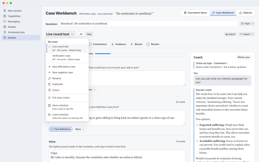 The case switcher, open: two cases with side, word count and last edit, then New affirmative case, New negative case, Rename, Duplicate, Delete, Full case review, Save a backup and Load a backup