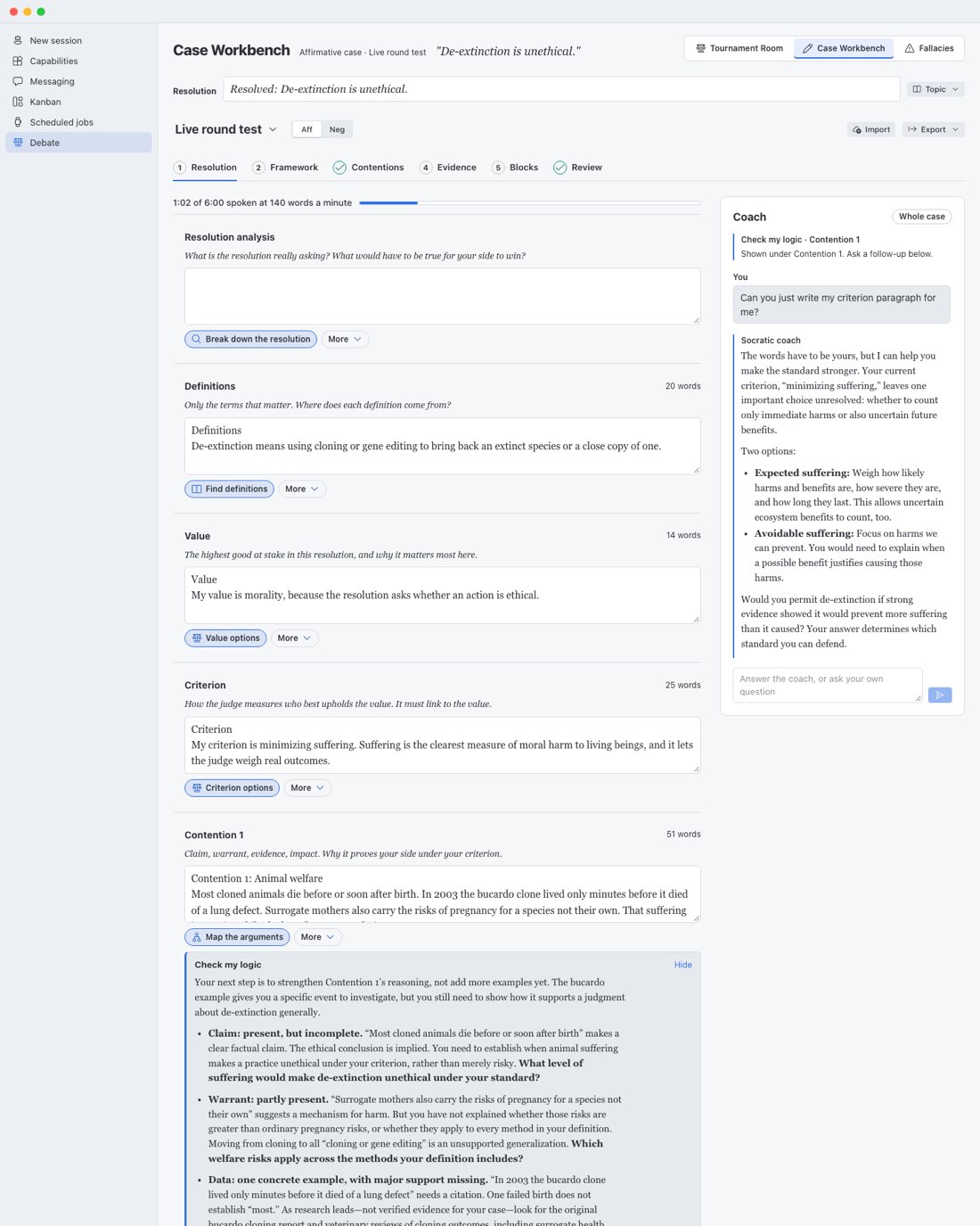 The Case Workbench in light mode: the resolution, the case name with Aff and Neg, Import and Export, the six writing steps, the read-aloud time bar, sections with their helper buttons, and the coach panel on the right