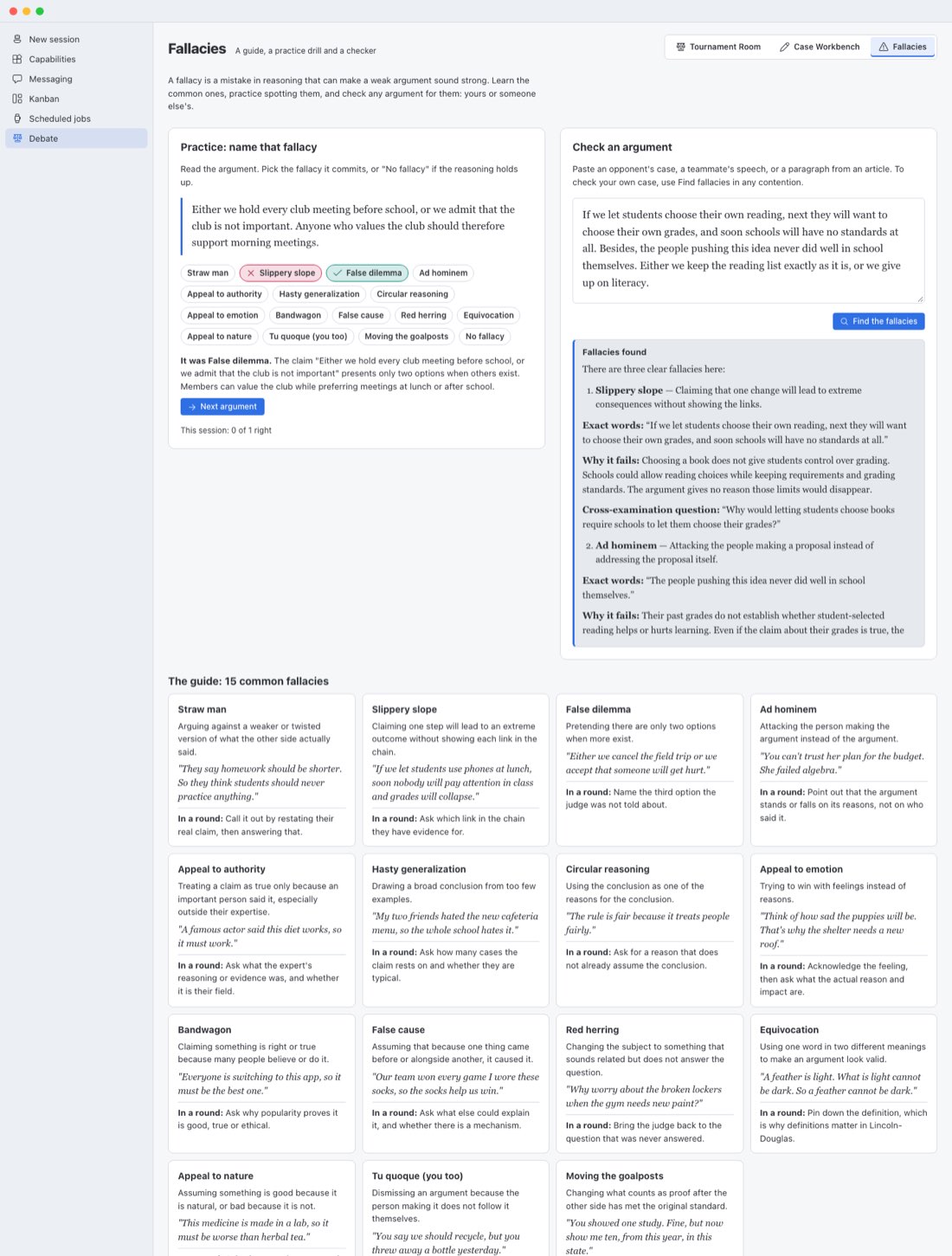 The Fallacies page in light mode: a practice argument answered as False dilemma, the Check an argument box with fallacies found, and the guide's cards for the 15 fallacies