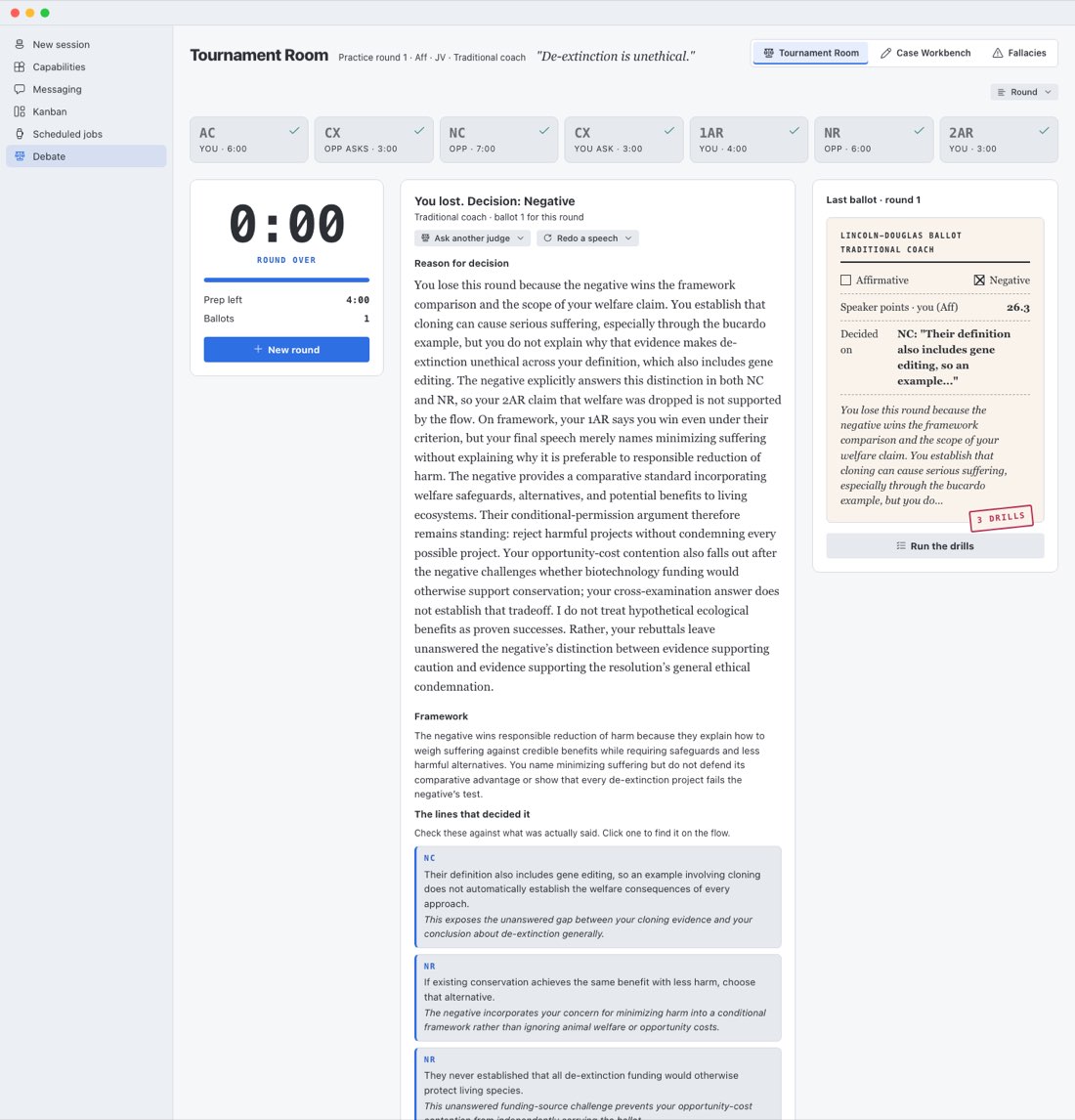 The ballot in light mode: You lost, decision Negative, Ask another judge and Redo a speech buttons, the reason for decision, the framework, and the lines that decided it from the NC and NR