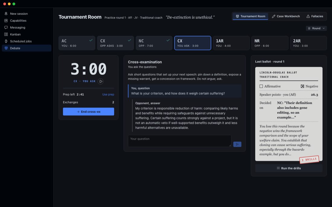 Cross-examination in dark mode: the student asks the opponent's criterion and how it weighs certain suffering, the opponent answers, and a box waits for the next question