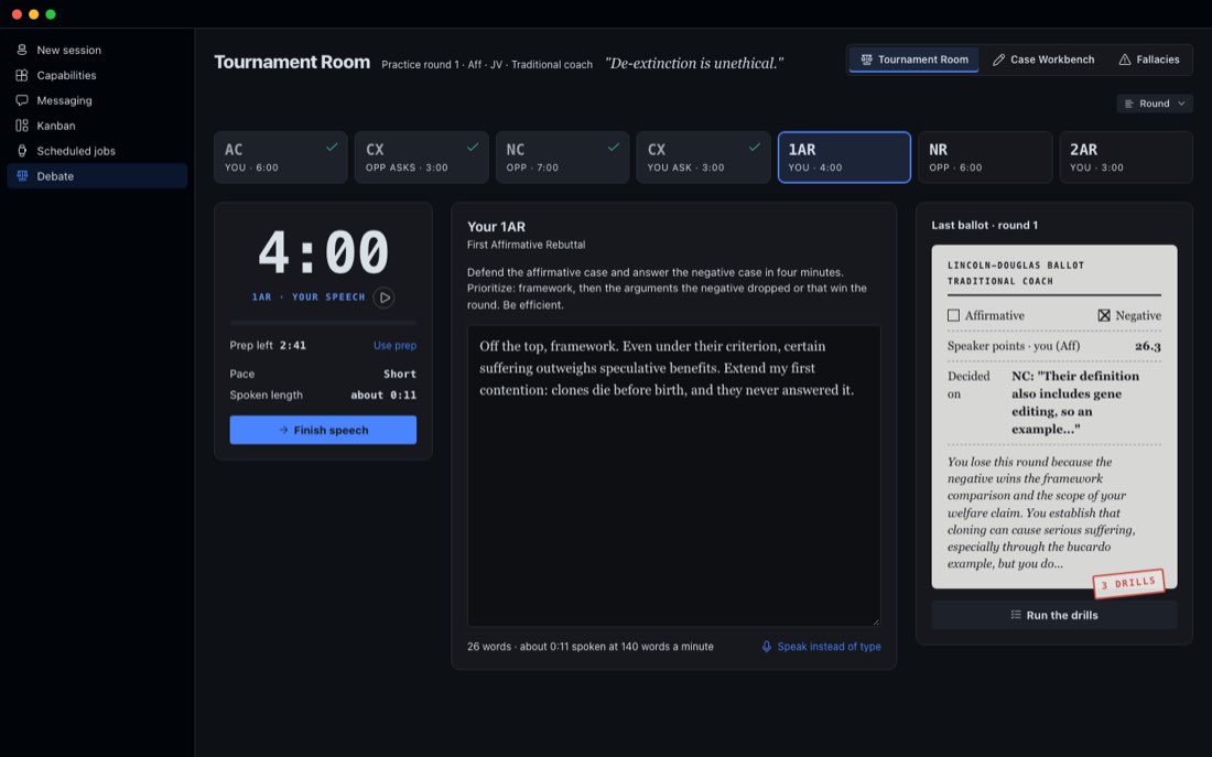 The Tournament Room in dark mode during the 1AR: the seven speeches across the top, a 4:00 clock with prep left, the student's typed rebuttal in the middle, and the last ballot on the right