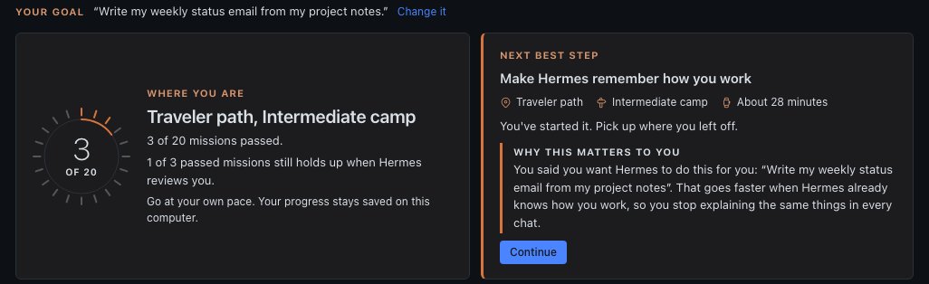 The Field Academy home page: your goal, a dial showing 3 of 20 missions passed on the Traveler path, and a Next best step card with a Continue button