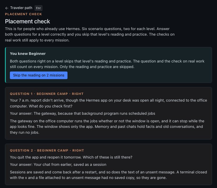Placement check result: You knew Beginner, with a Skip the reading on 2 missions button, and the first two questions marked right with explanations
