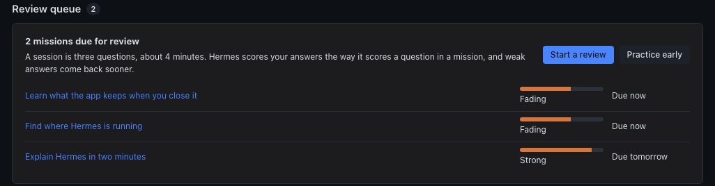 The review queue: 2 missions due, Start a review and Practice early buttons, and three missions with strength bars, two Fading and one Strong