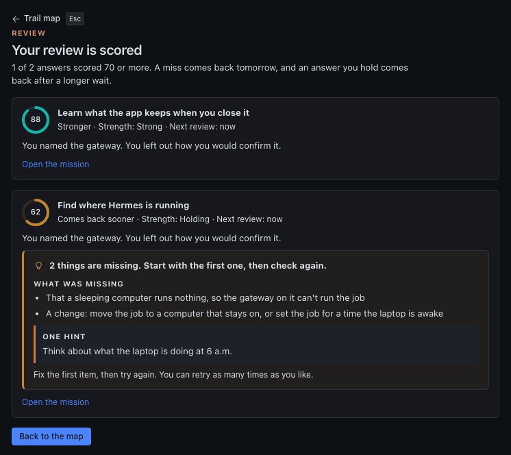 Your review is scored: one answer at 88 marked Strong, one at 62 that comes back sooner, with what was missing and one hint